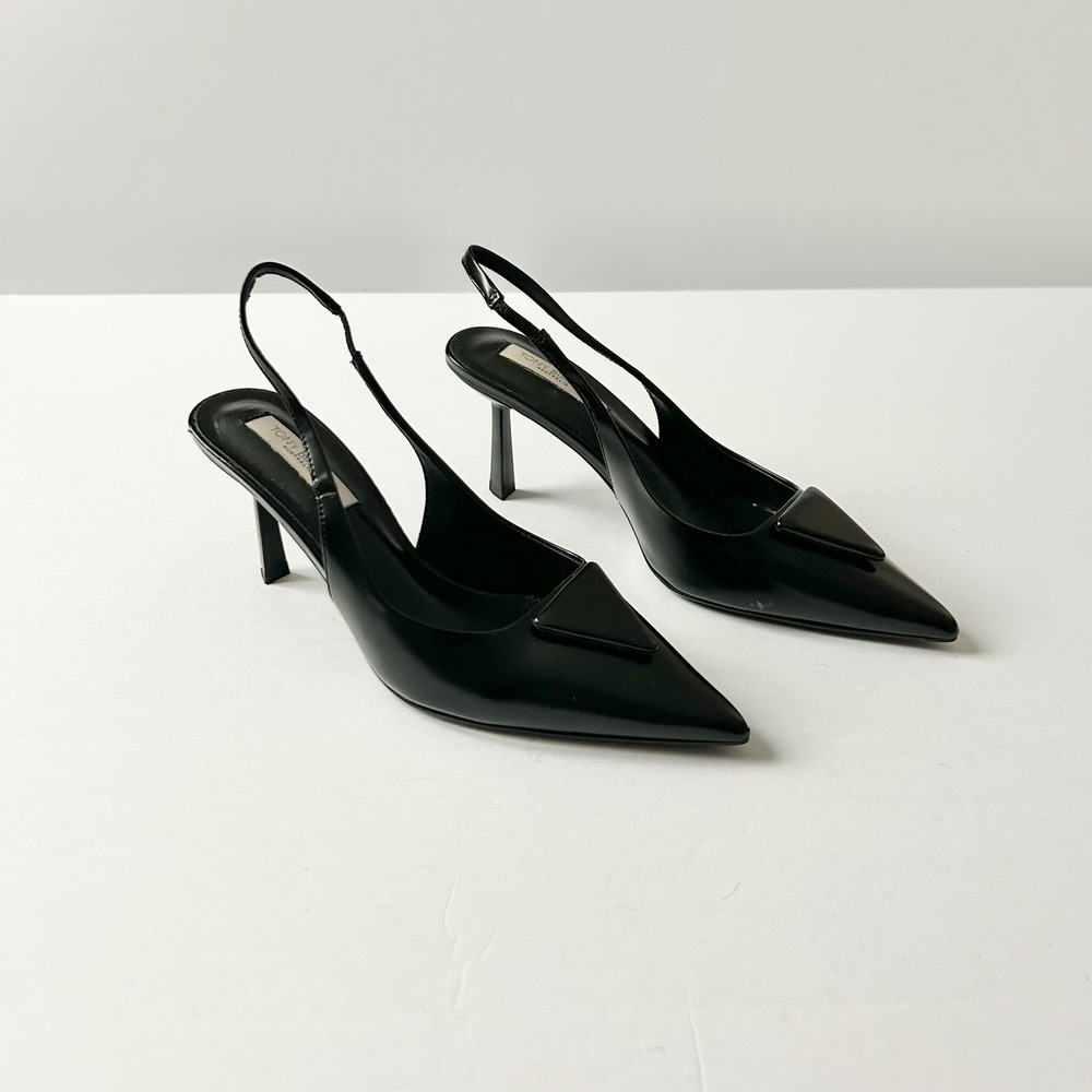 Tony Bianco Bertie Black Leather Pointed Toe Slingback Heels Triangle Plaque 7
